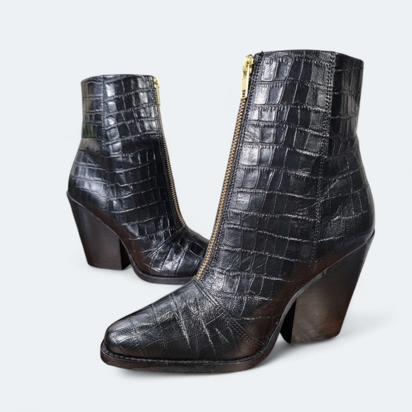 ASOS Black Patent Croc Embossed Vegan Boots Zipper Front Size 4 - Picture 1 of 16